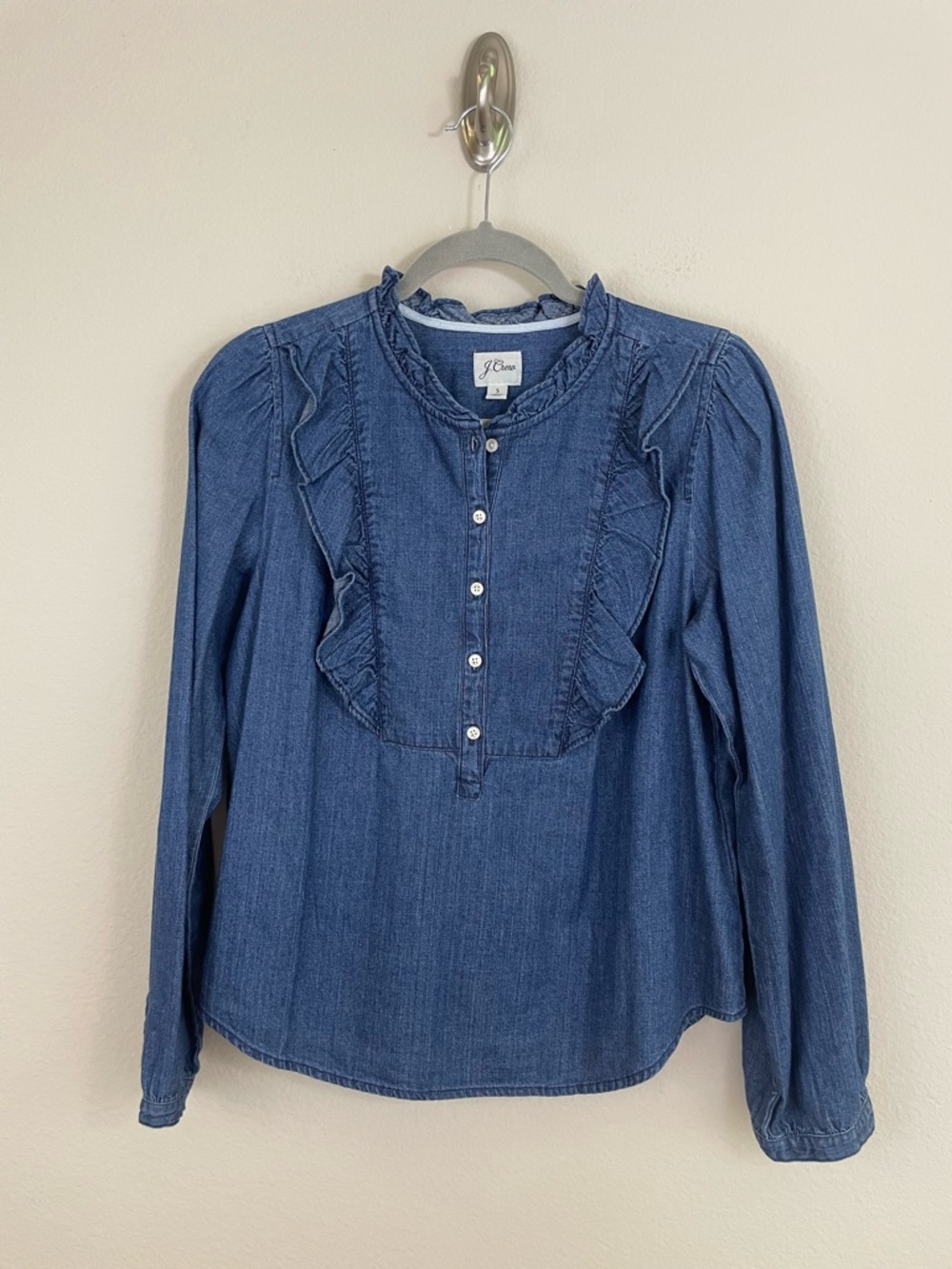 J. Crew Denim Ruffle Bib Popover Long Sleeves Top Preppy Size Small - Picture 3 of 9